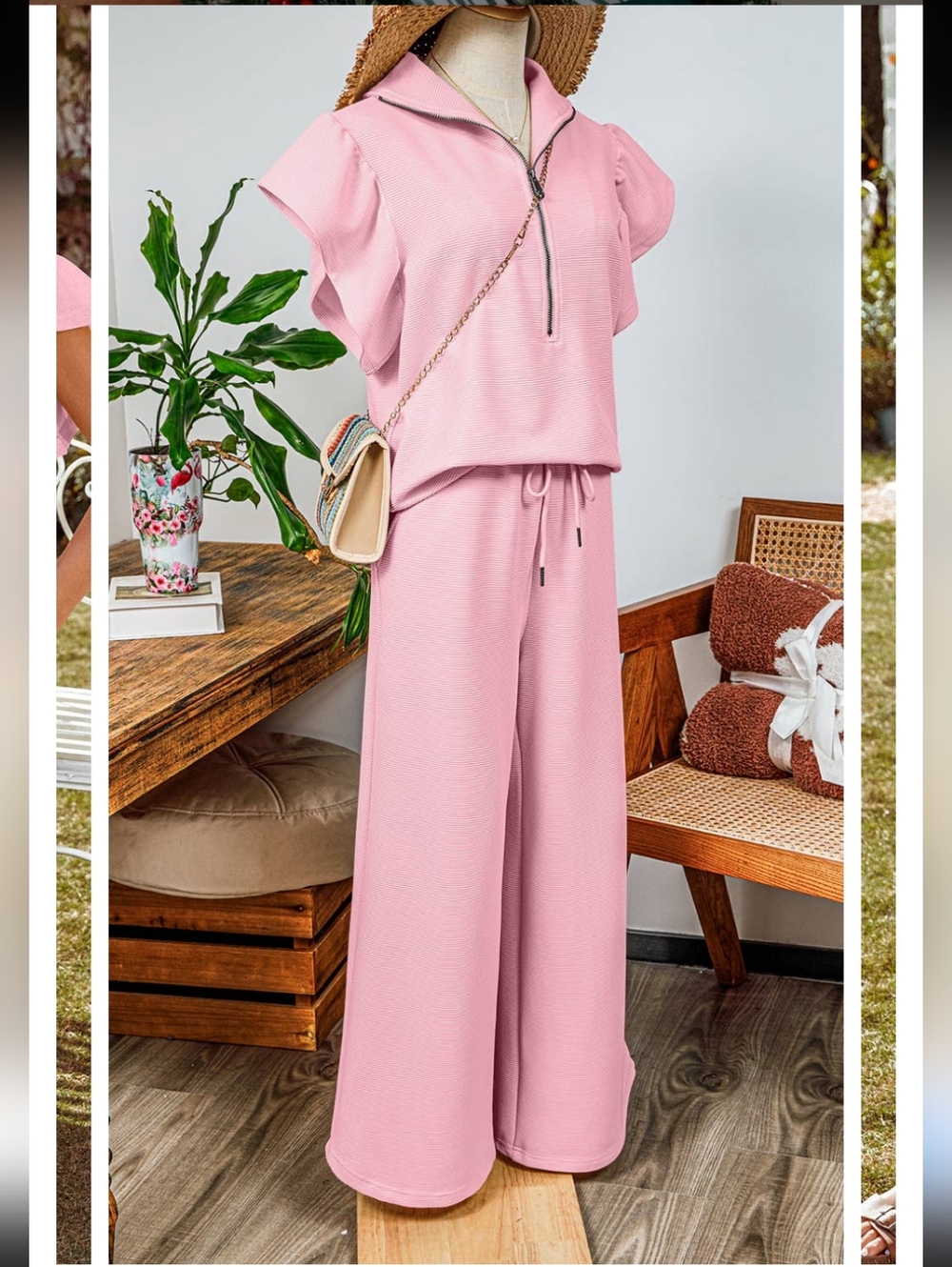 Fashion Texture Ruffle Sleeve Zip Top and Wide Leg Pants Set Size SMALL